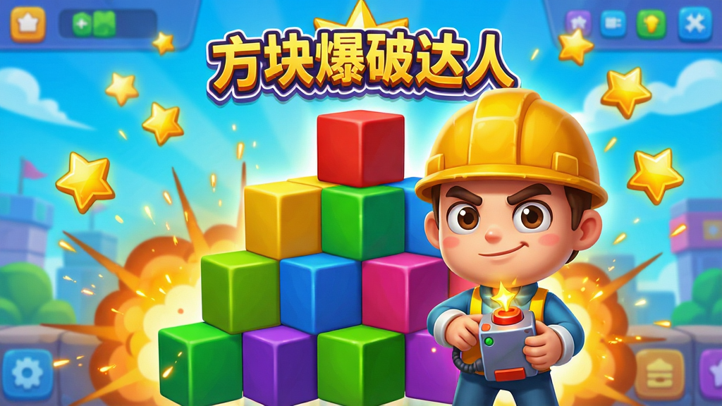 画面中央是一个由红黄蓝绿紫五色方块堆叠而成的3D立体方块墙,一位戴着安全帽、表情自信的卡通角色站在方块墙前,双手拿着一个闪烁的引爆装置。背景是明亮的游戏主界面,带有“方块爆破达人”字样logo,四周散落着金色的星星和爆炸火花特效。整体构图饱满,色彩鲜艳明快,采用Q版卡通渲染风格,画质高清干净,无多余文字。