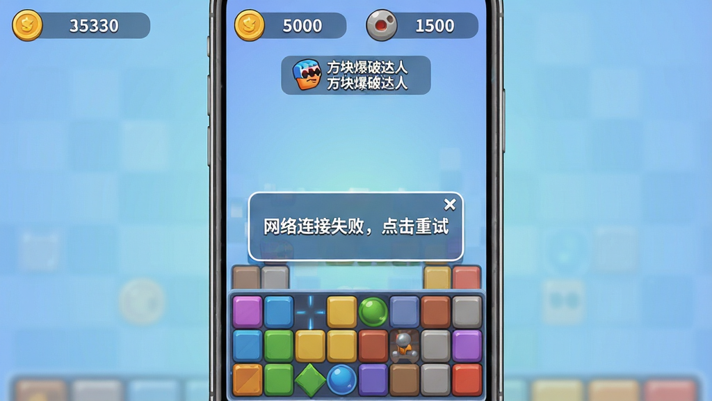一张手机竖屏截图,画面中显示游戏主界面,顶部有金币数、步数、目标提示,下方是方块区域,中央弹出一个对话框提示“网络连接失败,点击重试”,背景为柔和的蓝色渐变,整体界面简洁,风格与“方块爆破达人”游戏一致,画质清晰。