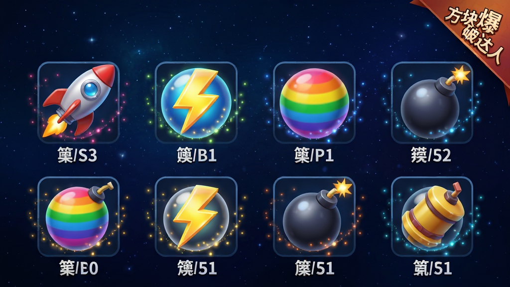 游戏道具展示画面:在深色背景上,整齐排列着火箭、闪电球、彩虹球、炸弹等道具图标,每个图标下方标注名称。周围点缀着粒子光效,道具图标采用3D渲染,质感清晰,色彩鲜明。整体布局像是一张道具图鉴,背景为渐变的星空蓝,加上“方块爆破达人”的角标,风格精致细腻,画质高清。