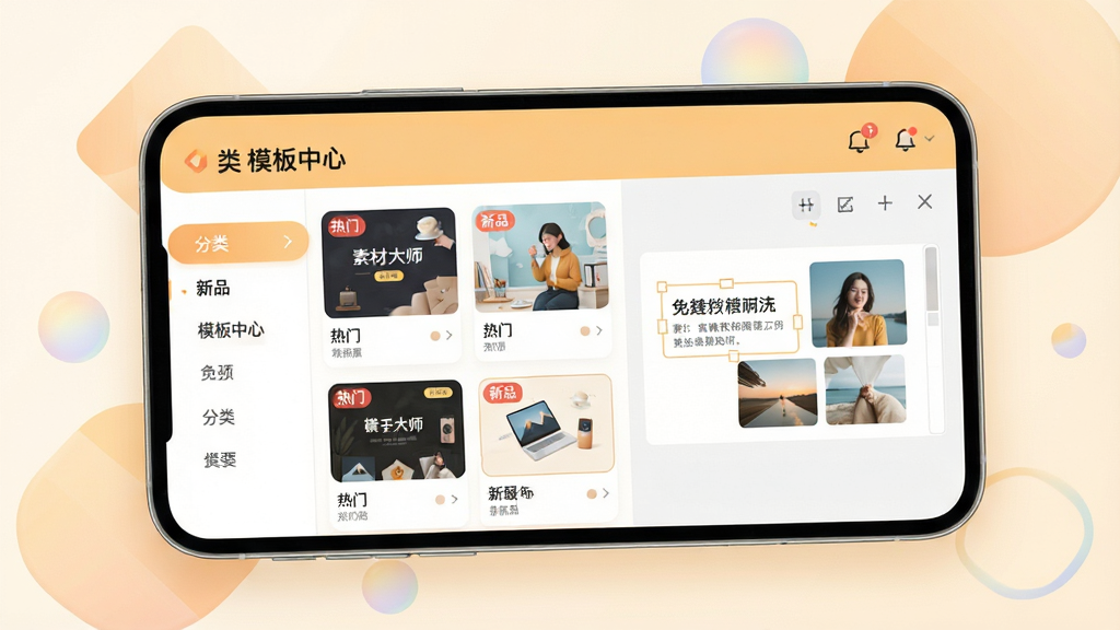 ���壺�زĴ�ʦ�ġ�ģ�����ġ����棻���֣��ֻ���Ļ����չʾ���ģ������ͼ������з����б����Ҳ�ΪԤ�����ڣ��Ű棺�ֻ���΢��б�������а�͸���ļ���ͼ��װ�Σ������ů������ɫϵ������Բ���Ѻã�ϸ�ڣ�ģ������ͼ�ϱ�ע�����š�����Ʒ����ǩ��Ԥ��������ʾ�ɱ༭�����ֺ�ͼƬ�����ʣ��߱��棬�ɾ����޶���Ԫ��