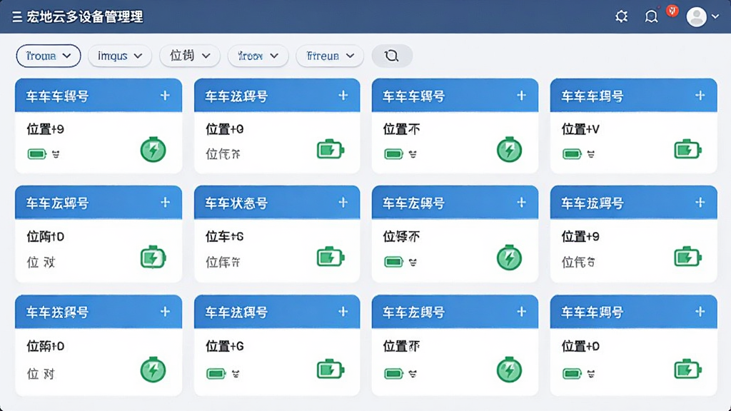 ����ƶ��豸����ҳ�棬��Ƭʽ����չʾ��̨����״̬��ÿ����Ƭ�������ƺš�λ�á�����ͼ�꣬�����з���ɸѡ��ǩ����������ˬ����Ϣ�ܼ�������