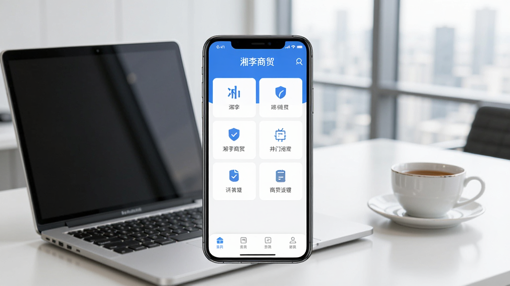 湘李商贸手机版应用界面整体展示,智能手机屏幕中显示清晰的功能模块布局,背景为现代简约的商务办公场景,桌面上有笔记本电脑和茶杯,画面明亮通透,突出软件的实用与便捷,文字提示湘李商贸