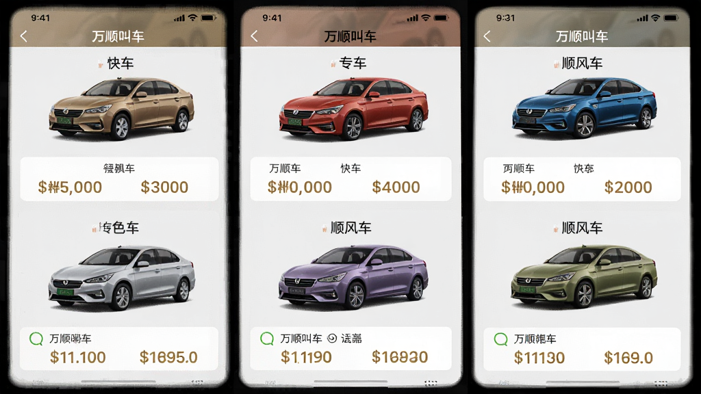 һ����˳�г�APP�ڲ�ͬ����ѡ�����Ľ�ͼ�ϼ��������Ϊ������ӣ��ֱ�չʾ�쳵��ר����˳�糵�Ȳ�ͬ���͵�ͼƬ��Ԥ���۸񣬱���Ϊ����ǳ��ɫ��ͻ�����͵Ķ����Ժ�ѡ�������ԣ�������˳�г������ȫ���ԣ���湹ͼ��