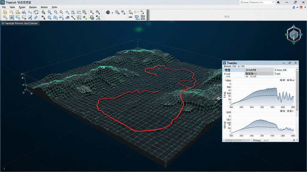 TraceLab �켣ʵ����3D��ͼ�������棬����չʾһ�����������3D����ģ�ͣ�һ����ɫ�Ĺ켣�������ڵر�֮�ϣ��Ա��и��������ݴ�����ʾ�¶��뺣����Ϣ������Ϊ����ĿƼ�����������������רҵ��GIS�����������档
