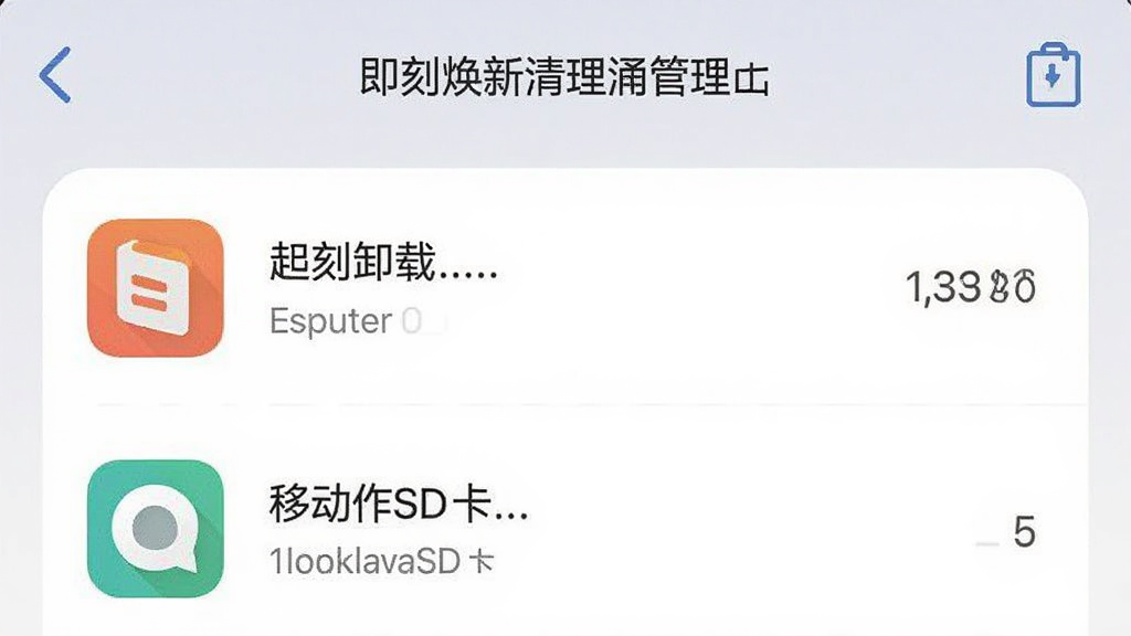 即刻焕新清理通应用管理界面,列表展示手机应用图标和占用空间,支持卸载和移动至SD卡操作,界面清晰直观