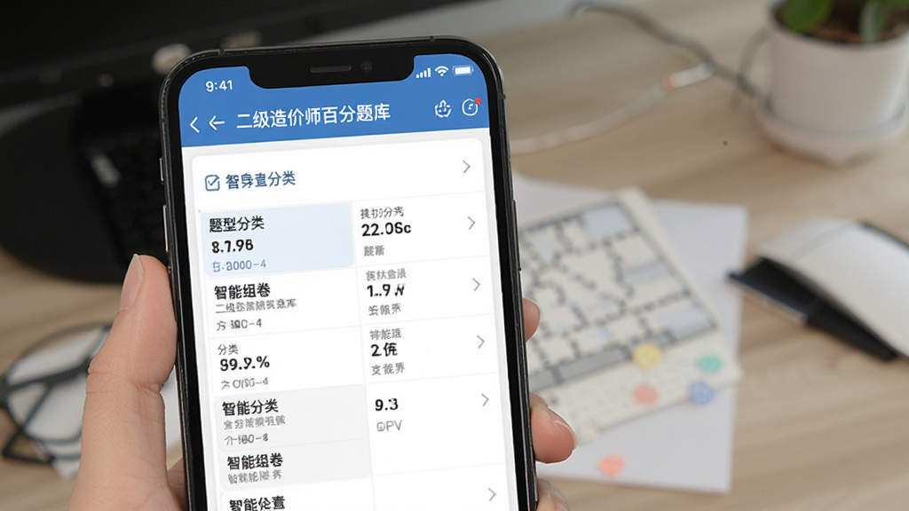 二级造价师百分题库预览图,展示手机端做题界面,清晰显示题型分类和智能组卷功能