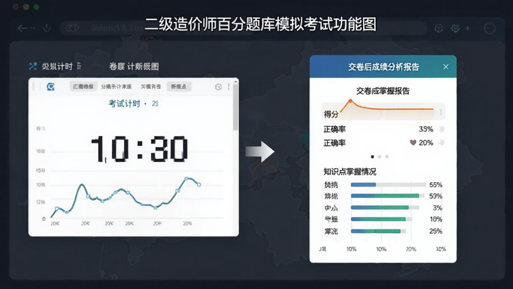 二级造价师百分题库模拟考试功能图,展示考试计时界面和交卷后的成绩分析报告,包含得分、正确率及知识点掌握情况