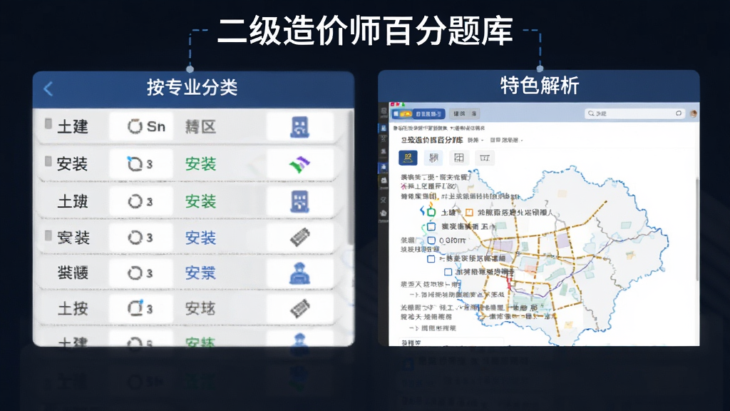 二级造价师百分题库特色功能图,展示按专业分类的题库列表,如土建、安装等,以及详细的题目解析界面
