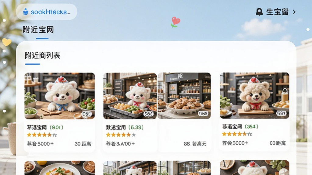 可宝网特色功能展示图,展示附近商家列表页面,包含商家图片、评分、距离等信息,界面清晰,卡片式布局,配图风格明亮,突出生活服务场景,横版构图