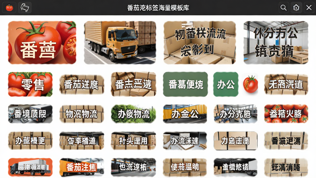 番茄标签海量模板库,展示分类排列的各种标签模板缩略图,包括零售、物流、办公等类别