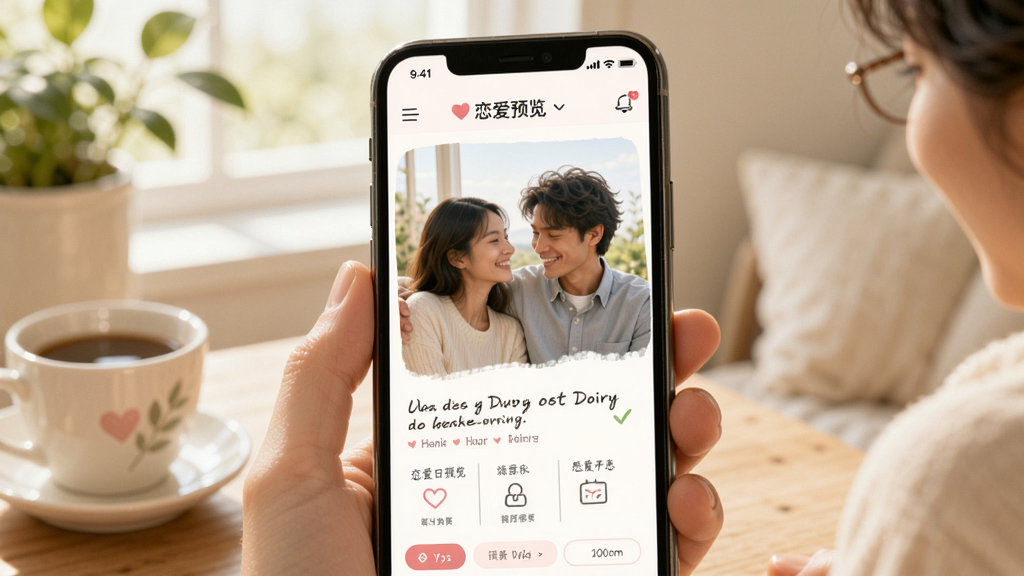 恋爱日预览图,手机界面展示情侣互动与日记记录功能,画面温馨明亮,风格清新自然